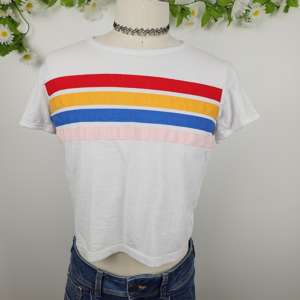 Messy Bun Colorful Striped Crop Just Chillin Shirt Sz Large
